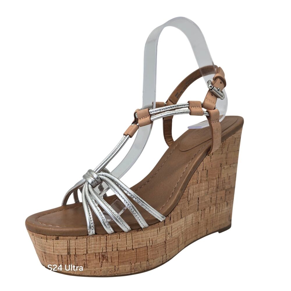 Coach Georgiana Wedge Sandals Brown Metallic Leather T-Strap Buckle Women's 7.5M